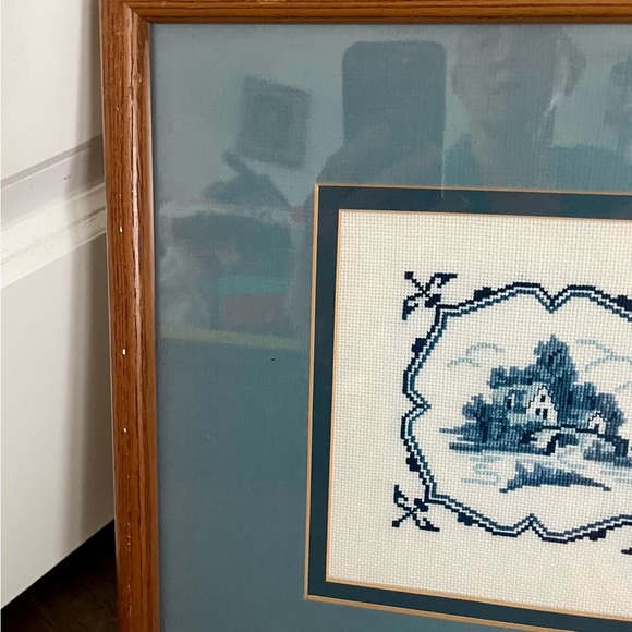 Vintage Framed Blue and White Embroidered Art - Picture 4 of 15